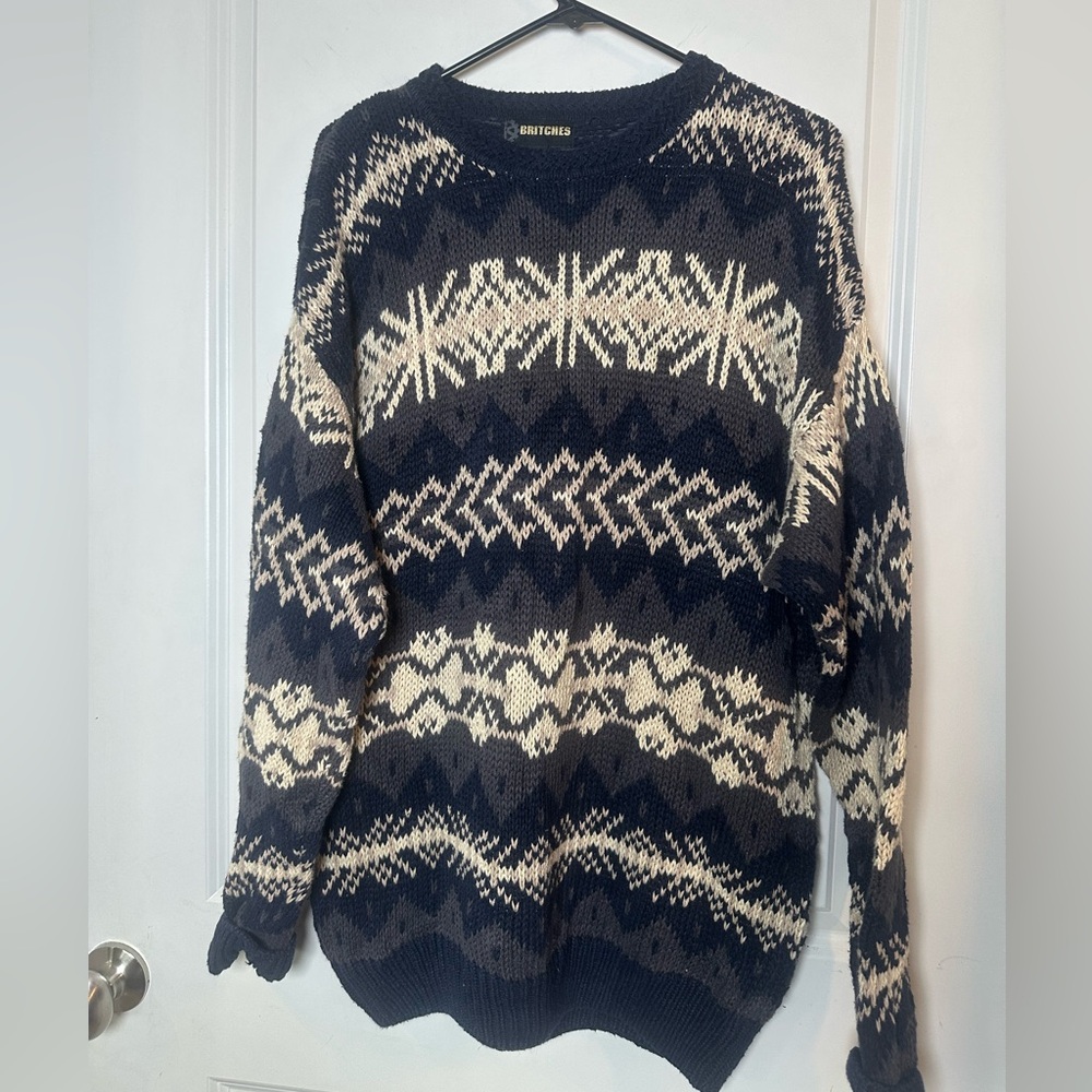 Vintage Britches Nordic Wool/Cotton Blend Navy/Tan/Cream Crew Neck Sweater, L